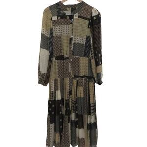 Banana Republic Womens Sz S Patchwork Pattern Pleated Midi Dress Long Sleeve
